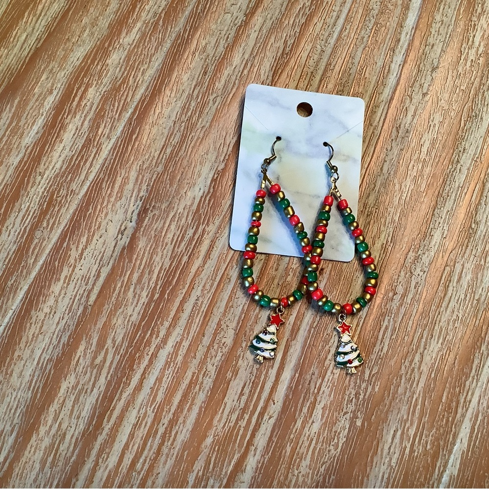 Festive Beaded Christmas Tree Drop Earrings - Red & Green